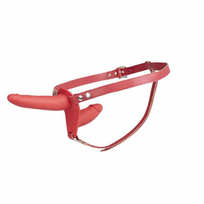 Dvigubas strap-on dirželis su dildo, raudonas – 14,5 cm