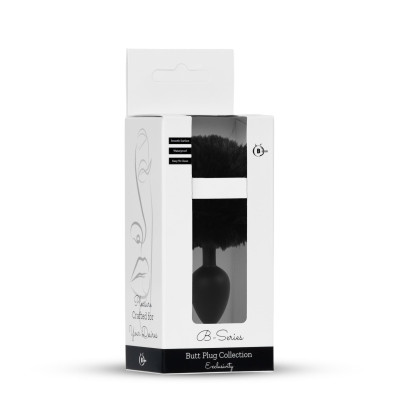 Analinis silikoninis kaištis su pūkuota triušio uodega – juodas, 6.5 cm
