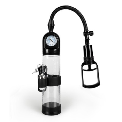 Vakuuminė pompa vyrams Powerpump Master su vibratoriu – juoda/skaidri