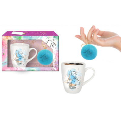 Erotinis puodelis 300 ml „Aš žavinga, ambicinga, nuoširdi“ + mėlynas pompomas