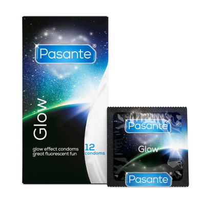 Pasante Glow šviečiantys prezervatyvai, 12 vnt – 53 mm, 190 mm