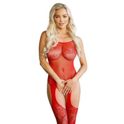 Raudonas bodystocking ED3405 – tinklinis, atviras klynukas